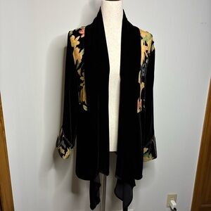 Ania.A Black Velvet Open Front Jacket Floral Print Trim Size L